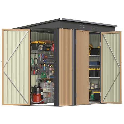 Patiowell 8x4 FT Outdoor Storage Shed, Heavy Duty Tool Metal Sheds with 3 Lockable Doors and Updated Frame Structure for Backyard Patio Lawn, Brown