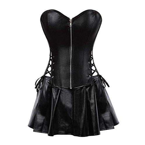 KSHUN Women's Plus Size Leather Steampunk Corset Skirt Set Sexy Punk Rock Gothic Corset Dress - Black - X-Large