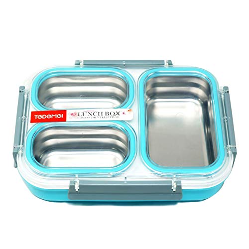 Image of Homesoul 3 Compartment Dinner Tiffin Box for Office, Inner Stainless Steel Lunch Box, 1.2 L (Blue)