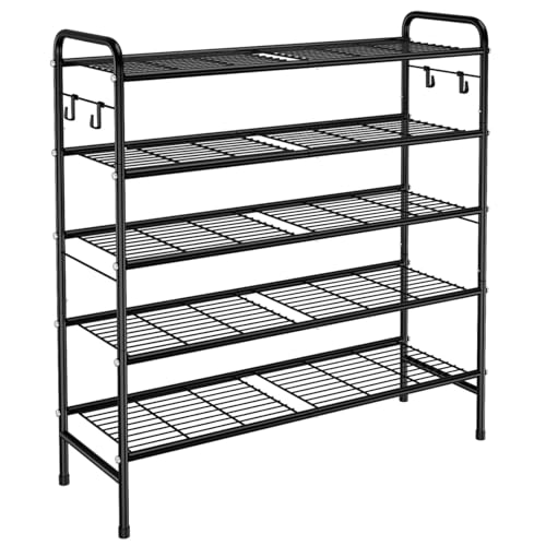 5 Tier Shoe Rack 33" Wide Metal Shoe Organizer Long Shoe Storage with 4 Side Hooks Sturdy Shoes Shelf for Closet, Front Door Entrance, Garage, Dorm, Black