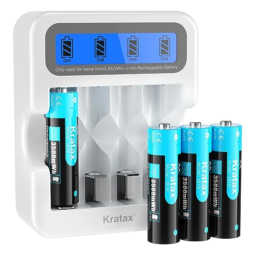 Kratax AA Rechargeable Lithium Batteries, 4 Pack 1.5V AA Li-ion Batteries and 2.5H Intelligent Battery Charger, 3500mWh High Capacity, 1600 Cycles Long-Lasting, Constant Output for Household Office