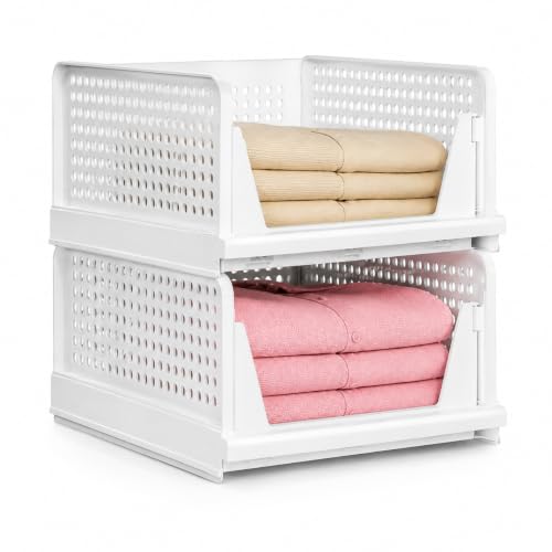 Image of MARKWELL 2 Layer Stackable Wardrobe Organizer for Clothes, Foldable Plastic Sliding Drawer Basket, Closet & Cupboard Storage for Shirts, Sarees, Towels & Toys, White, 44 x 33 x 19 cm