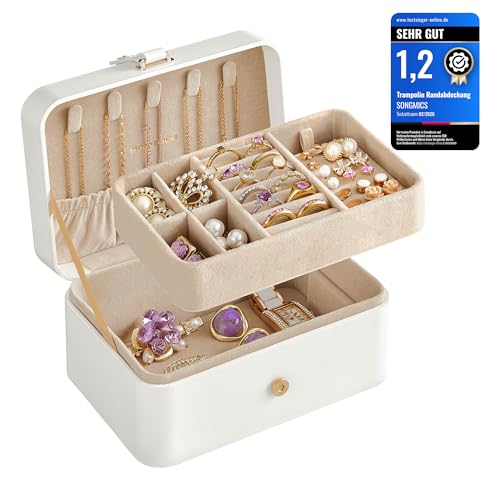 SONGMICS GISELLA Kollektion - Schmuckkästchen Reise mit 2 Ebenen, Schmuckkasten klein, Schmuckaufbewahrung, tragbar, für größere Accessoires, Geschenkidee, 11,6 x 16 x 7,5 cm, wolkenweiß JBC166W01