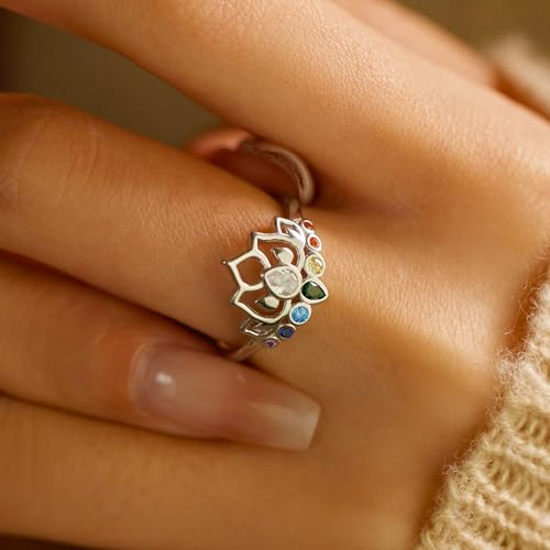 925 Sterling Silver Lotus Flower Rings for Women Promise Ring for Her Self Love Ring Comfort Fit Healing Rainbow CZ Ring Yoga Lover Wedding Band Birthday Christmas Gifts4