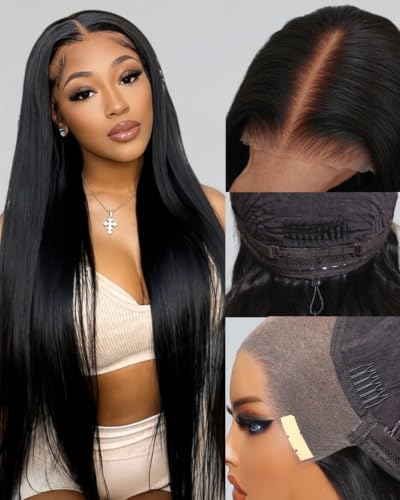 UNICE Bye Bye Slip Straight 13x4 Lace Front Wig Human Hair Glueless Drawstring Wig Pre Plucked Pre Cut Bleached Knots Ready to Go Black Human Hair Wig Beginner Friendly 150% Density 30 inch