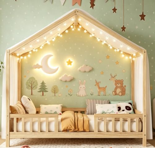 Image of Bellemave Full House BedFrame with Canopy and Rails, Montessori Bed, House Bed with Rails for Kids, Natural