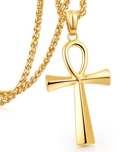 Stainless Steel Cross Ankh Necklace Men Women - 18K Gold Plated Crucifix Bible Verse Philippians Pendant - Christian Egyptian Religious 3mm Rolo Chain Jewelry Present