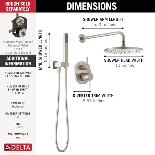 Image of Delta Modern 14 Series Round Rain Shower System Faucet Set, Rainfall Brushed Nickel Shower Head and Handle Set, Valve Trim Kit, 10 Inch, Spotshield Stainless T342702-SP (Valve Not Included)