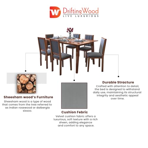 Image of DRIFTINGWOOD Tiya Dining Table 6 Seater | Six Seater Dinning Table with 6 Chairs in Gray Cushions for Home | Rosewood, Honey Finish, Self Assembly(DIY)