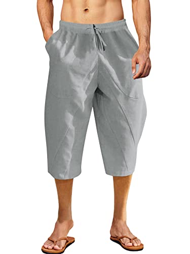 Karlywindow Pantalones para hombre 3/4, sueltos de verano, de lino, cintura elástica, pantalones de playa con bolsillo lateral, gris, M