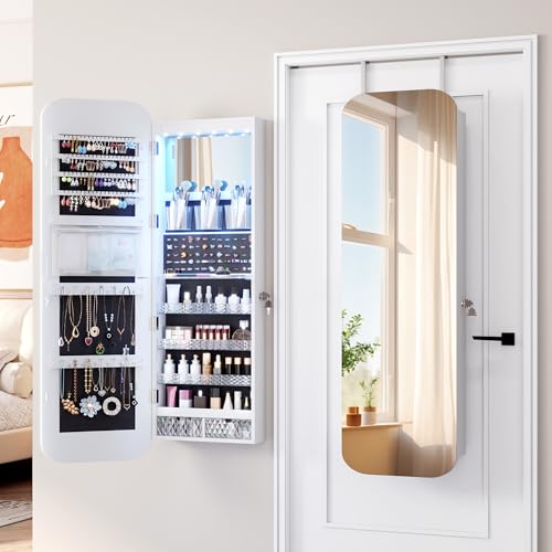 Image of Vlsrka 47.2 inch Wall /Door Mounted Jewelry Cabinet Organizer Armoire W /Mirror | 6 LEDs, Over The Door Hanging Jewelry Organizer with Rounded Corner Mirror, Lockable Full Length Mirror with Storage,White