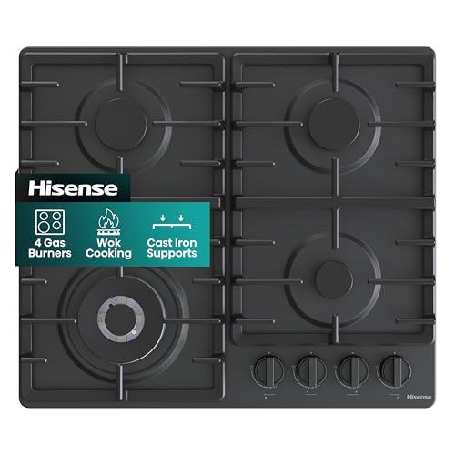 Hisense GM663BHF Gas Hob 4 Cooking Areas Width 60 cm Double Crown Wok Burner and Cast Iron Grills Integrated Ignition Black