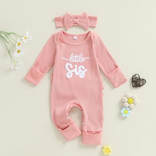 pengnight Newborn Baby Girl Clothes Little Sister Romper Long Sleeve Solid Color Bodysuit Jumpsuit + Headband Fall Outfits3