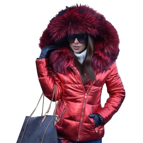 BESKWJE Red Puffer Jacket Women Quilted Winter Coat Fur Collar Hooded Down Jacket Parka Outerwear