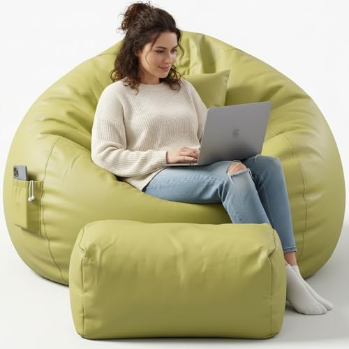 Image of Luxury 5XL Jumbo Bean Bag with Footrest & Cushion | Premium Leatherette | High-Density Beans Filled | Heavy Duty Double Stitch | 6 Months Warranty Color- (Navy Blue) (Olive Green)