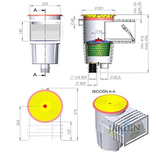 Suinga Skimmer de 15 litros, Boca Standard y Tapa Circular. Color Blanco. Incluye cesto recogehojas