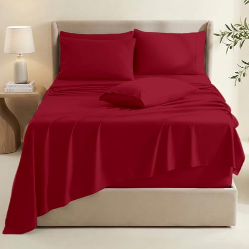 Image of Hearth & Harbor Extra Deep Pocket Sheets - Fits Mattress 18-24 Inches Deep - Extra Deep Pocket California King Size - 6 Piece Cal King Sheets - Cal King, Burgundy