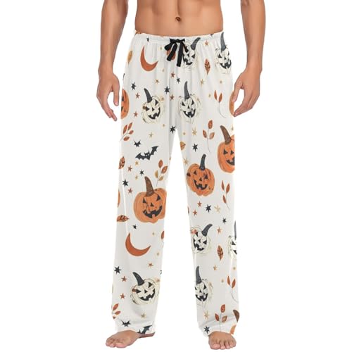 Mens Pajama Pants Halloween Pumpkins Leaves Star Moon Soft Lounge Sleep Pj Bottoms with Drawstring Pockets2