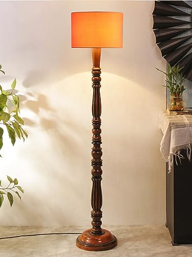 Image of Cotton Shade Floor Lamp with Wooden Base - Height 56 Inches, Orange | Modern Standing Lamp for Living Room, Bedroom, Office | Stylish & Decorative Home Lighting | Elegant Decor