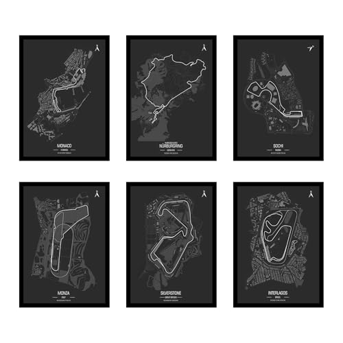 Image of CodersParadise - F1 Maps Wall Poster Frames - Pack Of 6 | 8 x 12cm (A4 Size) | Aesthetic Artwork Framed Posters | Framed Posters For Living Room, Bedroom, Home And Office