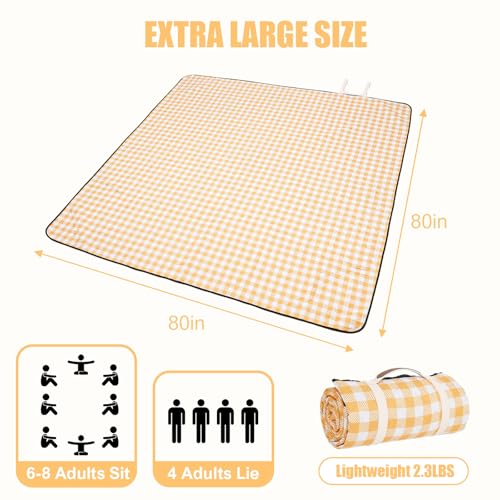Zettfuly Picknickdecke Outdoor Extra Groß - 203 x 203 cm, tragbare wasserdichte Picknickdecke, maschinenwaschbare, 3-lagige Faltbare Picknickmatte mit sandabweisender Rückseite (Gelb)