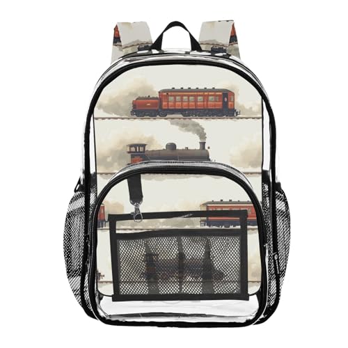 Kids PVC Clear Backpack Steam Train Red Black Heavy Duty Multi-pockets Large Capacity Transparent See Through Bookbag for School Travel Sport Work