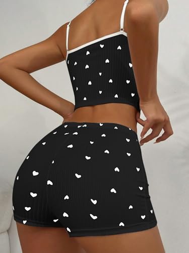 Image of Hilinker Womens Graphic 2 Piece Pajama Set Summer Cute Crop Cami and Shorts Ribbed Lounge Sets