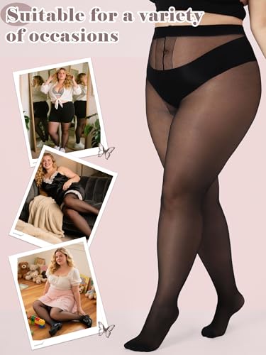 Image of Plus Size Sheer Black Tights for Women T-Crotch 20D Ultra Thin Pantyhose High Waist Stockings 2 Pairs