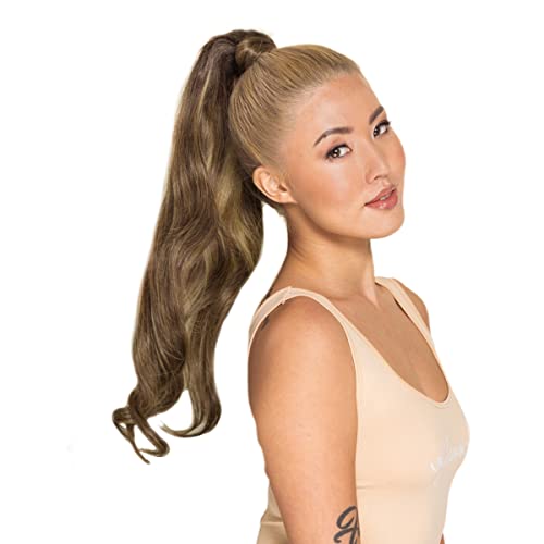 WENNALIFE Ponytail Hair Extension, 20 Inch 80g Balayage Chocolate Brown to Caramel Blonde Ponytail Extension Human Hair Clip in Wrap Around Remy Human Hair Extension Hairpieces
