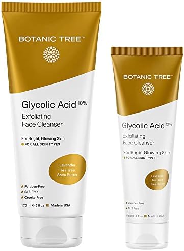 Botanic Tree Glycolic Acid Face Wash Travel Size (6oz., + 2oz travel size Pack of 2)- Facial Exfoliating Cleanser w/ 10% Glycolic Acid- Organic Anti Aging AHA Peel for Acne, Wrinkle Reduction-Natural Skin Facewash Scrub for Cystic Acne