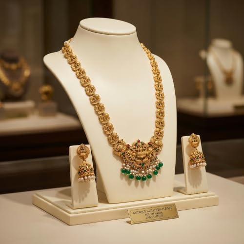 Image of South Indian Traditional Antique Matte Gold Finish Goddess Lakshmi & Peacock Motif Long Necklace Set with Jhumka Earrings for Women | Ethnic Temple Jewellery for Weddings, Brides & Festivals