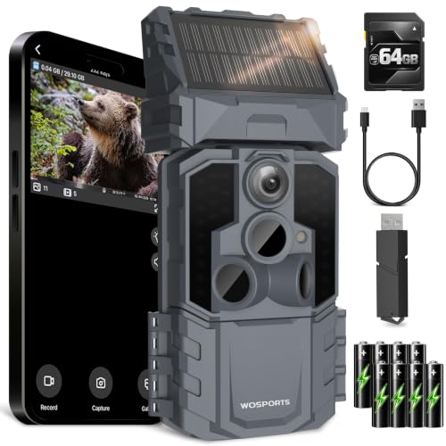 WOSPORTS WiFi Trail Camera 48MP Solar Game Camera with 7800mAh Built-in Battery, 0.1s Trigger IP66 Waterproof Wildlife Cameras with 8 AA Batteries & 64GB SD Card - image 1