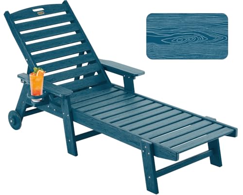 Image of Patio Chaise Lounge Chair Outdoor with Wheels, Oversize Patio Lounge Chairs with Wood Texture, HDPE 6-Position Plastic Lounge Chairs for Poolside, Patio, Deck, Beach,Navy Blue