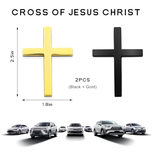 Image of 2 PCS Metal Christian Cross Emblem Stickers, 2.5 inchx1.8 inch Alloy 3D Car Cross Sticker Badge, Self-Adhesive Emblem Decal Decoration for Auto Trunk Tailgate Fenders, Car Exterior Decal (Black+Golden)