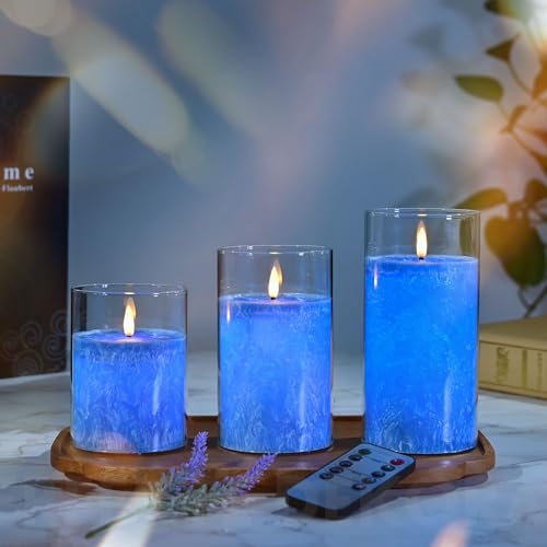 LED Kerzen Flammenlose im Glas, 3PC Flammenlose Kerzen mit Fernbedienung Timer Funktion, Elektrische Kerzen Echtes Wachs, Paraffin Kerzen für Hochzeit, Party, Dekoration(Blau – Bild 4