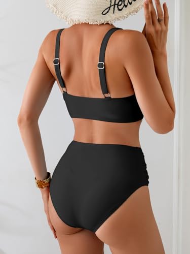 Image of Eomenie Bikini Sets for Women High Waisted Two Piece Bathing Suit U Wired V Neck Swimsuit Adjustable Straps Swimwear