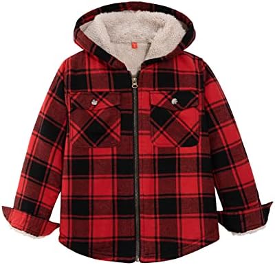 ZENTHACE Boys Hooded Flannel Shirt Jacket Sherpa Fleece Lined Full Zip Up Hoodie Flannel Plaid Shirt Red and Black S Size 5-6