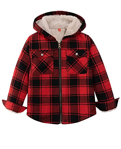 ZENTHACE Boys Sherpa Lined Full Zip Flannel Plaid Shirt Jacket,Cozy Hooded Flannel Shirt with Hand Pockets, Sherpa Lined Red and Black, 4T