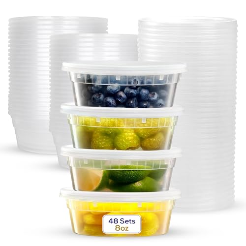 Supreme Select Deli Plastic Storage Containers with Lids [48 pack] 8 Oz - Reusable Food Containers for Home & Business - Microwavable & Freezer friendly- Dishwasher safe- Secure & Tight fitting Covers