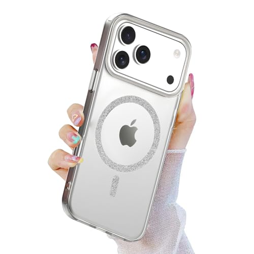 AIBEX Back Cover Case Compatible with iPhone 17 Pro Max | Glitter Ring Cute Shiny Colorful Bling Case (Compatible with Magsafe) | Transparent PC+TPU Glossy Shiny Cover for Girls & Women - Silver