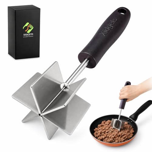 Image of Large Stainless Steel Meat Chopper, Masher & Cocktail Muddler | Dishwasher Safe | 6-Blade Chopper Tool | Oversized Ergonomic Handle | Heat Resistant Grip (Black 10 inch)
