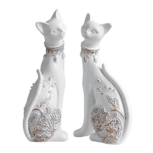 QIANLING Ensemble de 2 Figurines de Chat, décoration de la Maison Figurines de Chat Couple Blanc pour Salon, Armoire à vin, Meuble TV, décoration, Cadeau de...