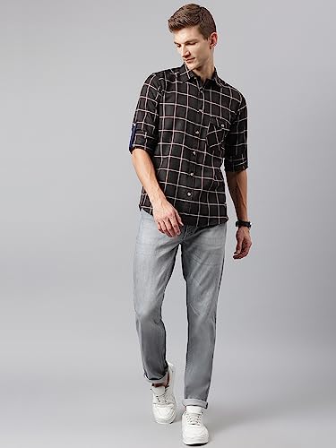 Image of Thomas Scott Men's Polyester Checkered Slim Fit Casual Shirt with Spread Collar and Long Sleeve (TS1045 Wood)