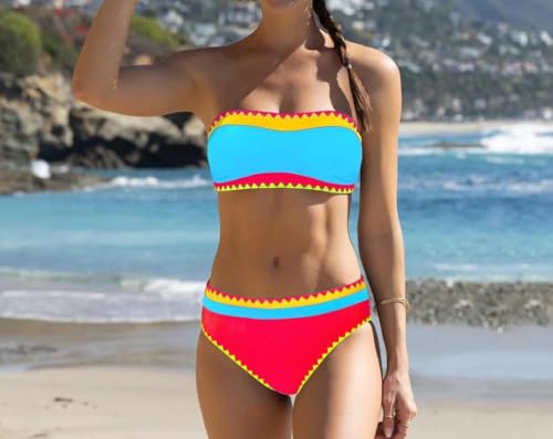 Sexybody Women's Bandeau Bikini Strapless Bikini Neon Color Block Two Piece Whip Stitch Trim Bathing Suits2