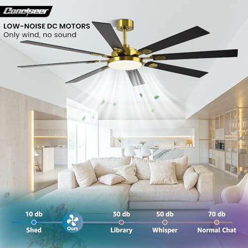 Image of 72 Inch Ceiling Fans with Lights and Remote, Dual Color 8 Blades, Bedroom Living Room Office Library Cafe Outdoor Industrial, 3CCT Dimmable, 6 Speed Reversible Quiet DC Motor, Gold /Wood Grain