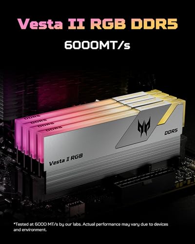 Image of Acer Predator Vesta II RGB DDR5 RAM 32GB (16GBx2) 6000MHz CL36 PC5-48000, Intel XMP 3.0 AMD EXPO Compatible Computer Memory, Silver BL.9BWWR.653
