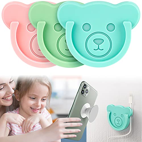 Image of Car Grips Mount for Phone Stand Cute Bear Style Silicone Phone Holder with Phone line Clasp for Collapsible Grip /Socket Mount User Used on Dashboard, Home, Office, Kitchen, Desk, Wall (3 Colors)
