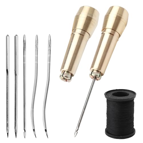 UOCAI Set di 2 Manici in Rame Punteruolo da Calzolaio in Pelle Strumenti per La Riparazione Delle Scarpe con 2 Manici in Ottone, 2 Aghi Diritti, 2 Aghi Curvi, 2 Fori per Aghi E 50m di Filo Nero