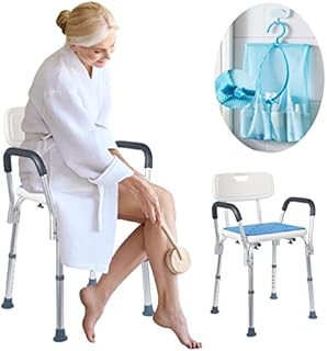 Medokare Shower Seat - Adjustable, Padded Shower Stool with Back Rest - Bath Chair for Elderly Adults & Seniors with Handles and Tool-Free Assembly, White