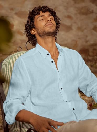 Image of Men's Long Sleeve Linen Shirt, Button Down, Casual Collared, Full Sleeve Shirt